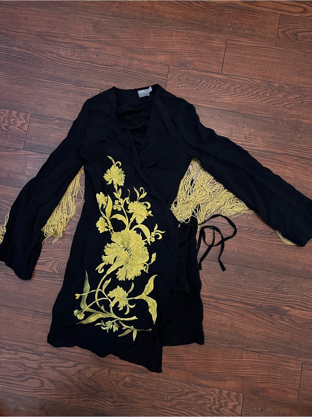 ASOS Black and Yellow, embroidered fringe wrap dress
